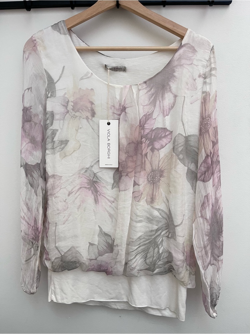 NWT Viola Borghi 100% Silk Floral Sheer Long-Sleeve Top Light Lavender S